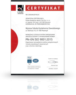Certyfikat jakości ISO9001:2015 przyznany Wyższej Szkole Kształcenia Zawodowego
